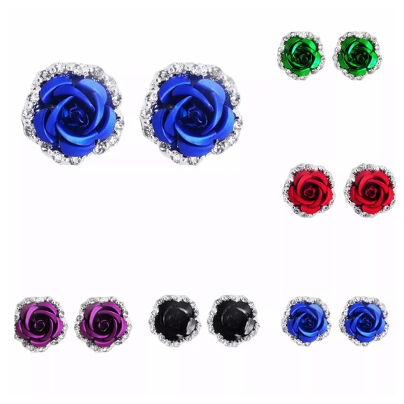 Sculpted Rose & Crystal Earrings - Picture 2 of 6